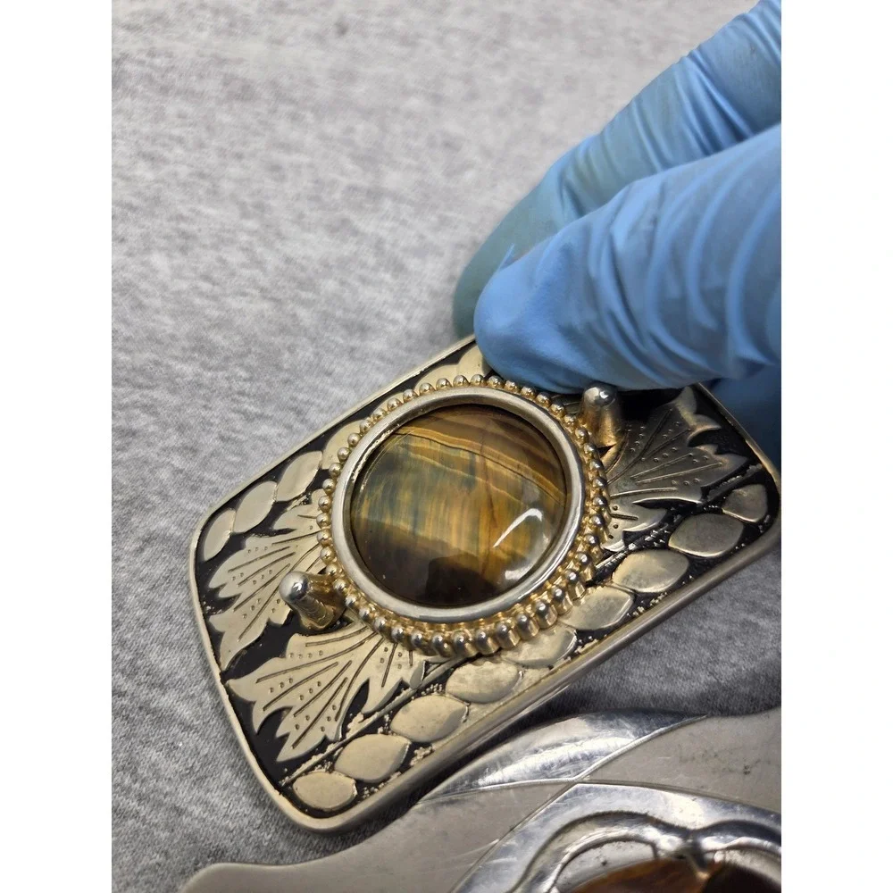 Lot 2 Vintage Womens Tiger Eye Brown Agate Stone Southwestern Belt Buckles